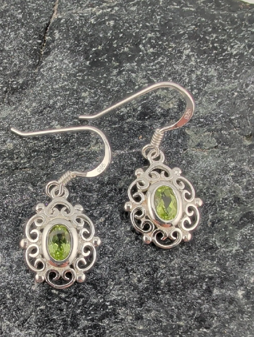 Sterling Silver Peridot Scrollwork Drop Earrings - Green - Picture 6 of 6